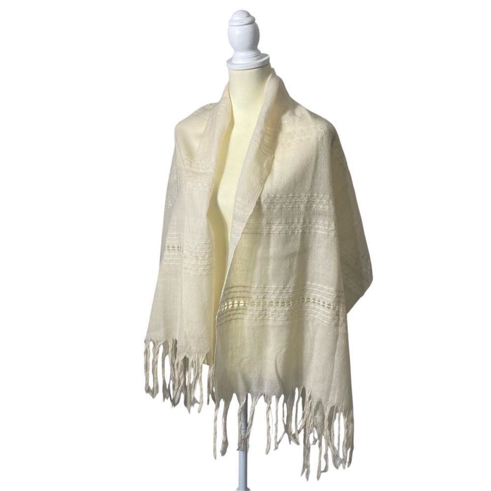 Women's Vintage Lightweight Ivory Soft Fringed Embroidered Shawl/Scarf/Wrap